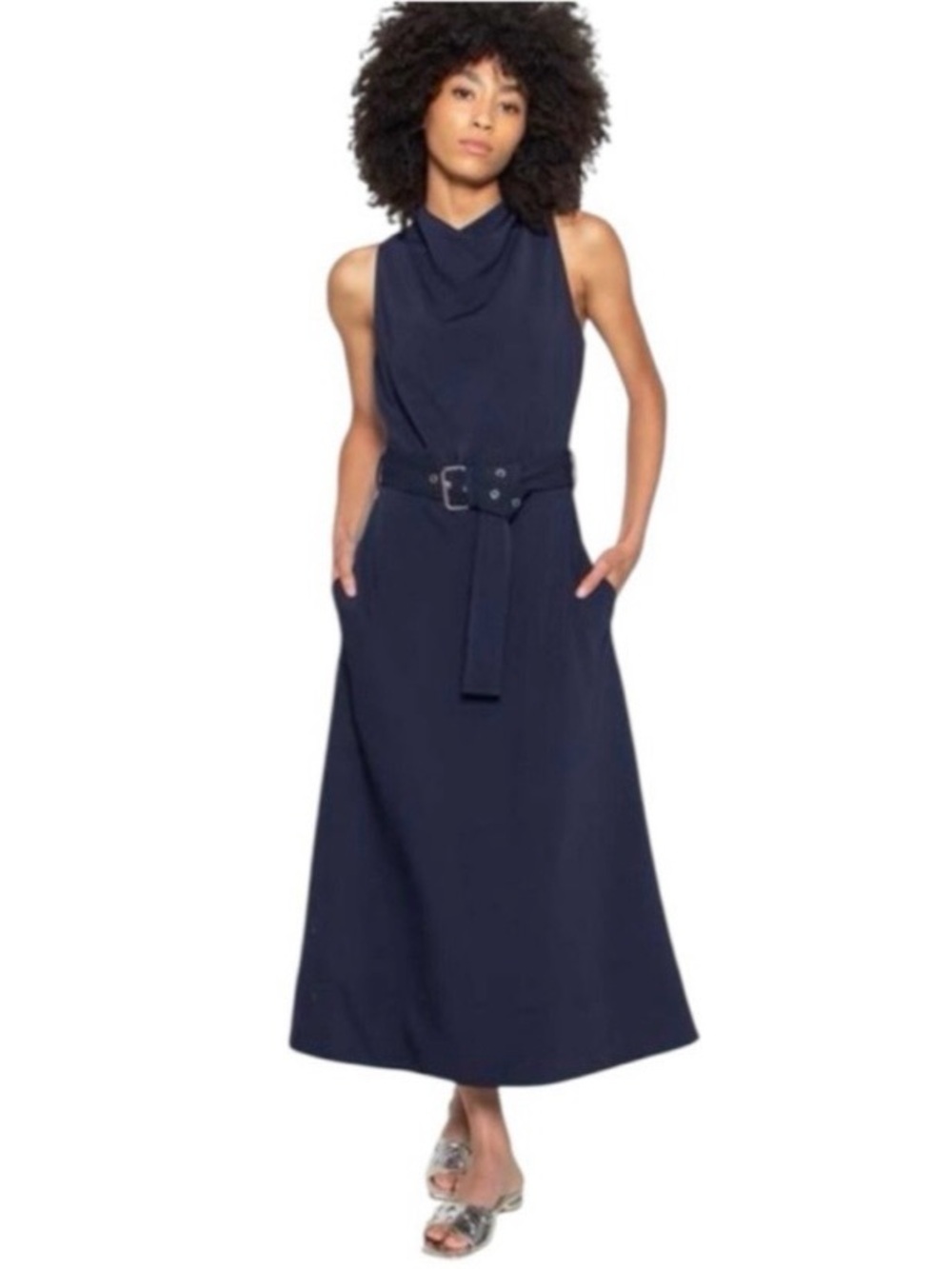 NWT NOMIA Designer Sz 12 Belted Cowl Neck Midi Dress In Midnight